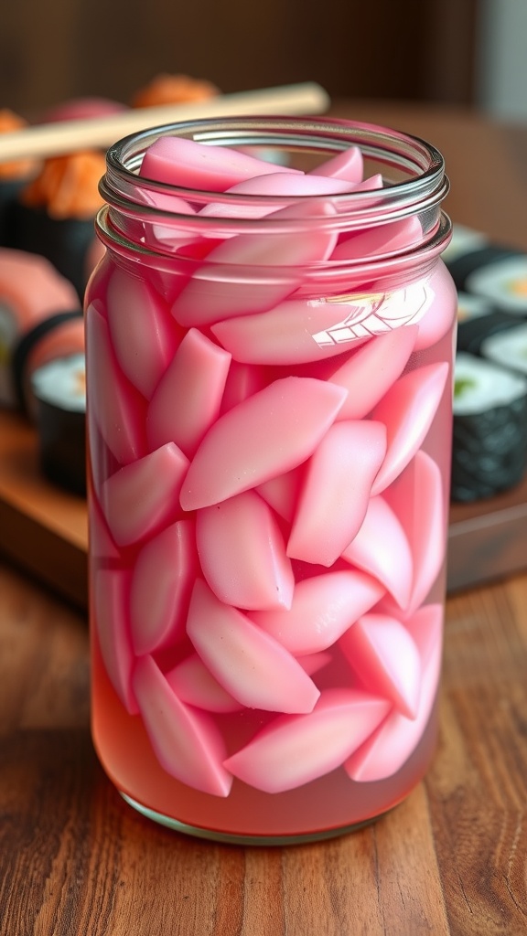 A jar of pink pickled ginger slices on a wooden table with sushi rolls in the background.